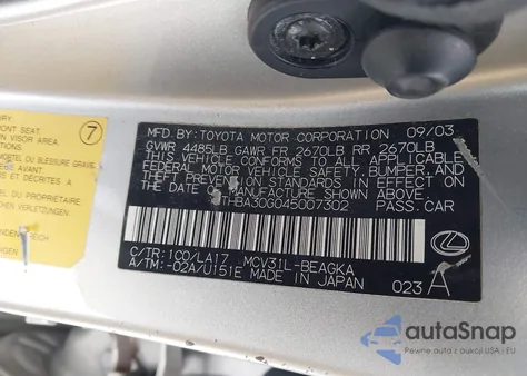 2004 Lexus Es 330 from USA, damaged, VIN JTHBA30G045007302